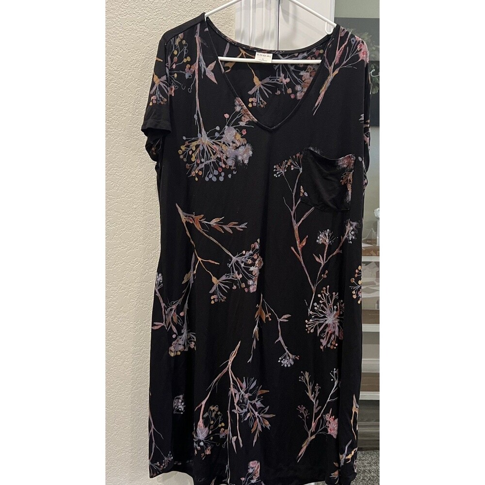 Soma Lounge Sleep Dress Large Black Floral V Neck Short Sleeve Pocket